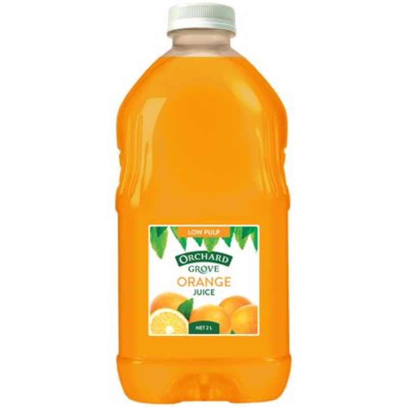 Bottle of Orchard Grove Low Pulp Orange Juice, 2L, rich in Vitamin C, perfect for breakfast or refreshing beverages.