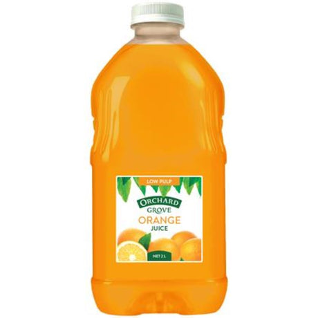 Bottle of Orchard Grove Low Pulp Orange Juice, 2L, rich in Vitamin C, perfect for breakfast or refreshing beverages.