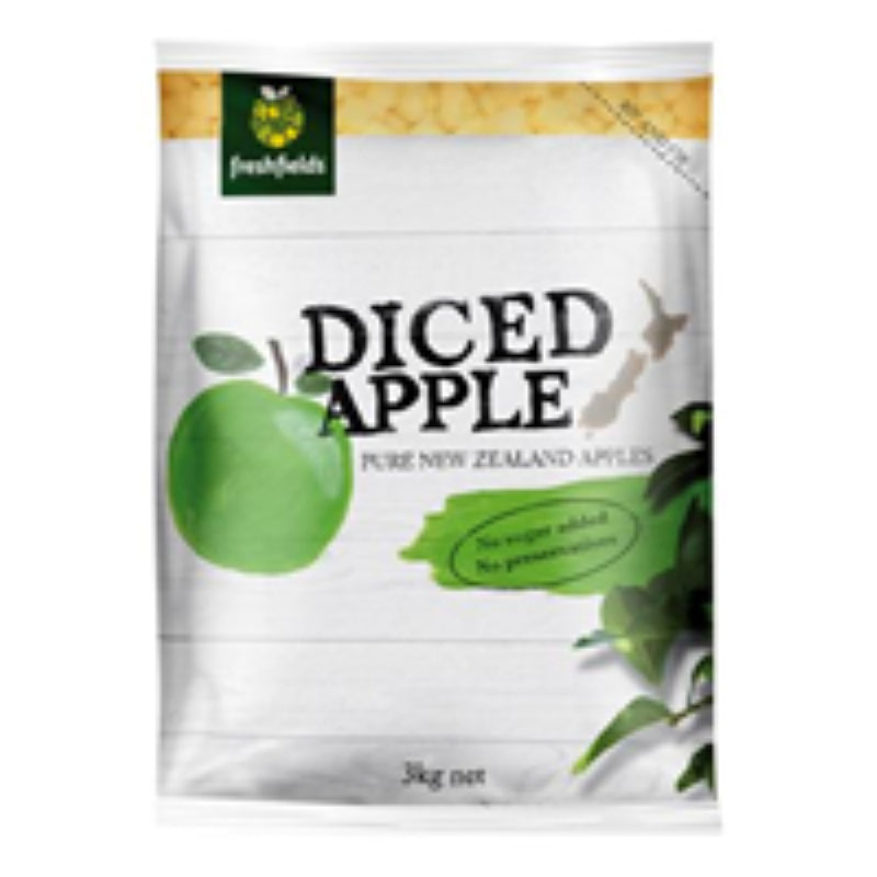 Freshfields 3KG pouch of diced New Zealand apples, ready for snacking or baking, with no added sugars or preservatives.