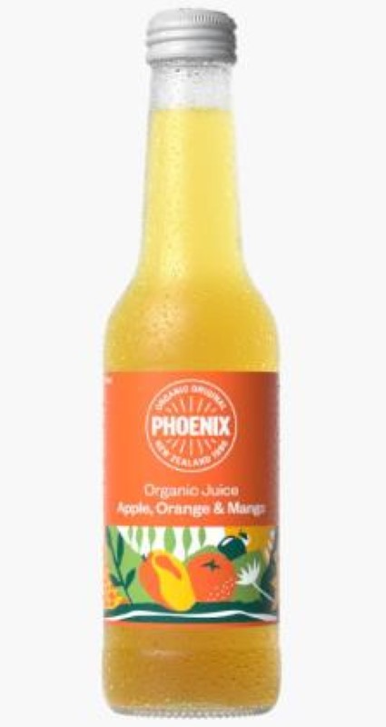 Refreshing organic orange, mango, and apple juice in a 15-pack, perfect for health and taste. Made in New Zealand.