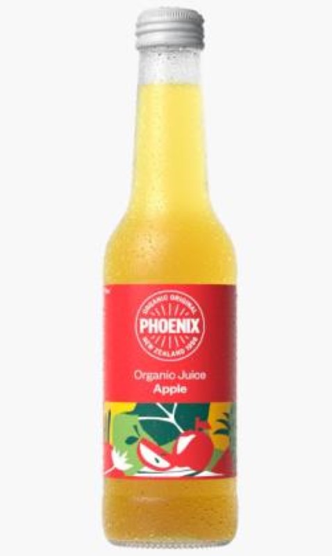 Pack of 15 organic apple juice bottles from Phoenix, 275ml each, made from premium New Zealand apples, no additives.