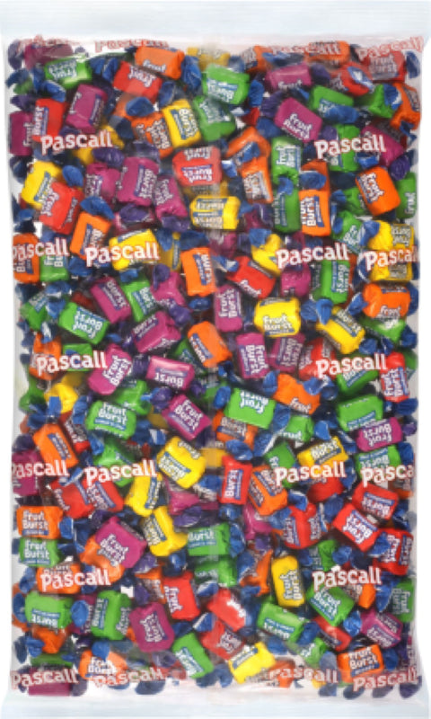 Colorful 2KG pack of Pascall Fruit Bursts, chewy fruit-flavored candies perfect for sharing and indulgent snacking.