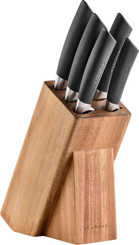 Elegant 6-piece knife block set in acacia wood with sharpener, offering precision cutting and organized storage for kitchens.