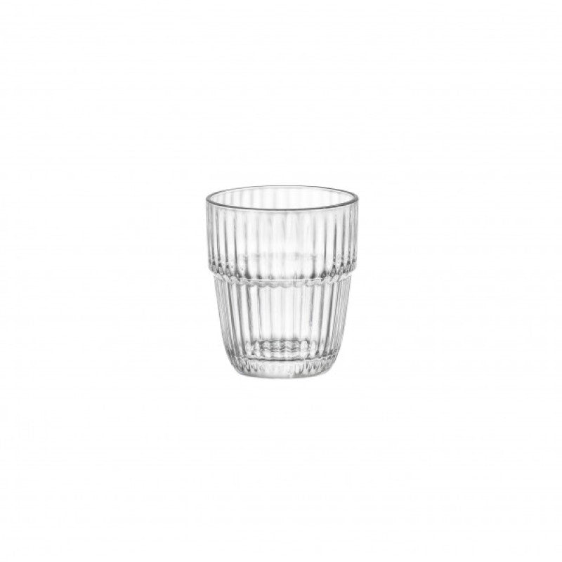 Set of 6 Bormioli Rocco Barshine 210ml juice glasses, stylish tempered glass, stackable, perfect for bars and home use.