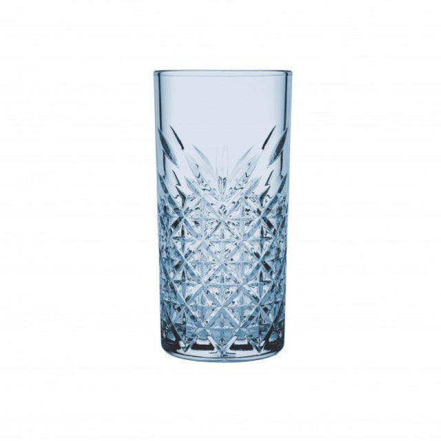 Set of 4 Pasabahce Timeless Highball glasses in blue, featuring classic cut design for elegant cocktail presentation.