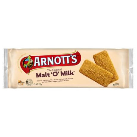 Golden crunchy Arnott's Malt O Milk biscuits with scalloped edges, featuring sweet golden syrup and milk flavors, 250G pack.