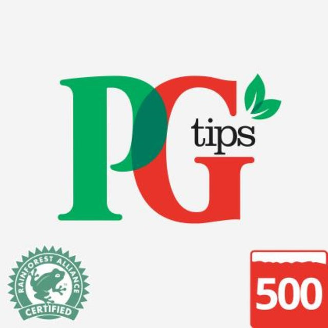 PG Tips 500PC tea bags, tagless and individually wrapped, deliver robust flavor with top-quality tea for home or office use.