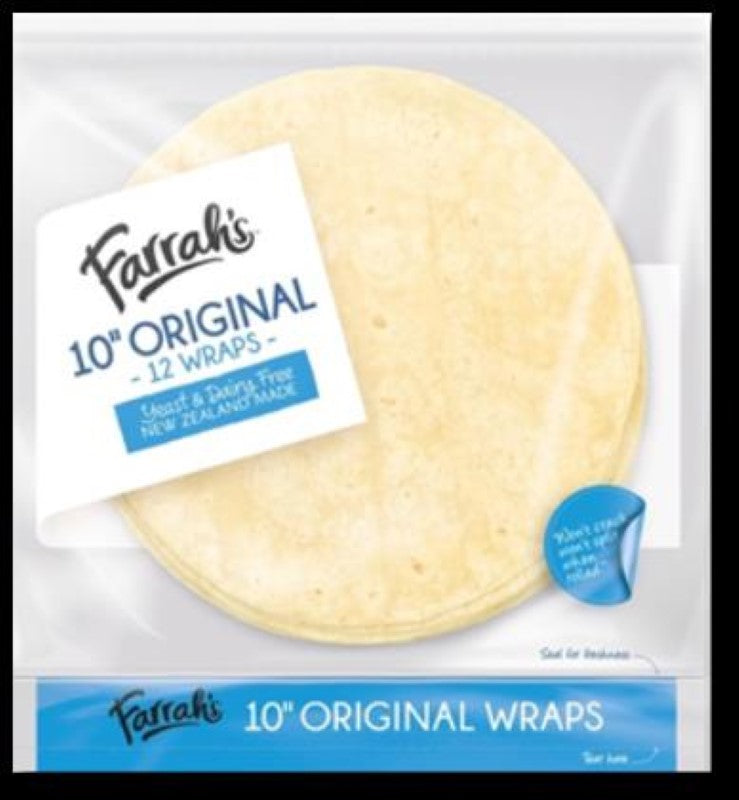 Fresh 10-inch vegan wraps from Farrah, 12-pack, dairy and yeast-free, perfect for healthy meals and snacks.