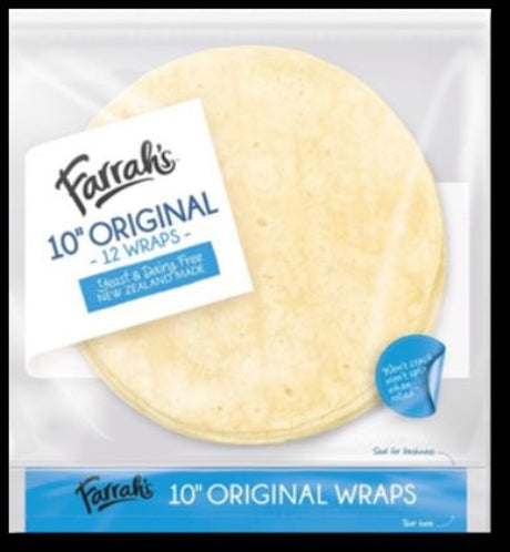 Fresh 10-inch vegan wraps from Farrah, 12-pack, dairy and yeast-free, perfect for healthy meals and snacks.