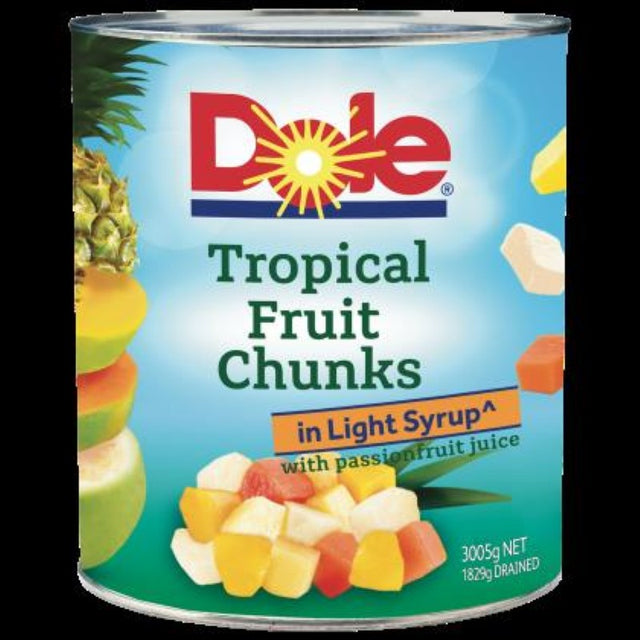 Dole Fruit Salad Tropical Lite Syrup - 3KG with tropical fruit chunks in light syrup and passionfruit juice for guilt-free desserts.