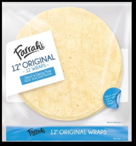 12-inch vegan and halal wraps by Farrah, 12-pack, made in NZ, allergen-friendly, 120-day shelf life for versatile meals.