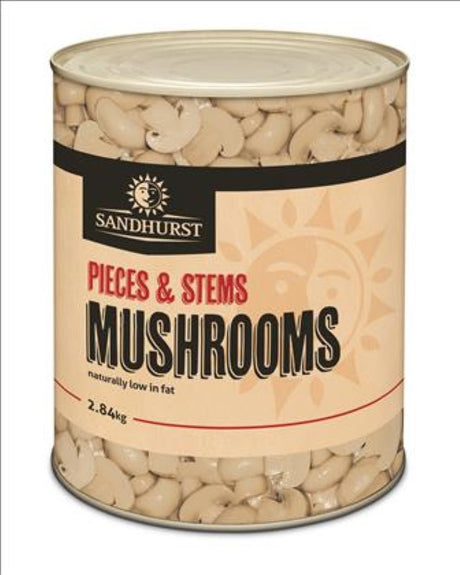 High-quality Sandhurst mushroom pieces & stems in 2.84kg pack, perfect for enriching soups, stir-fries, and risottos.