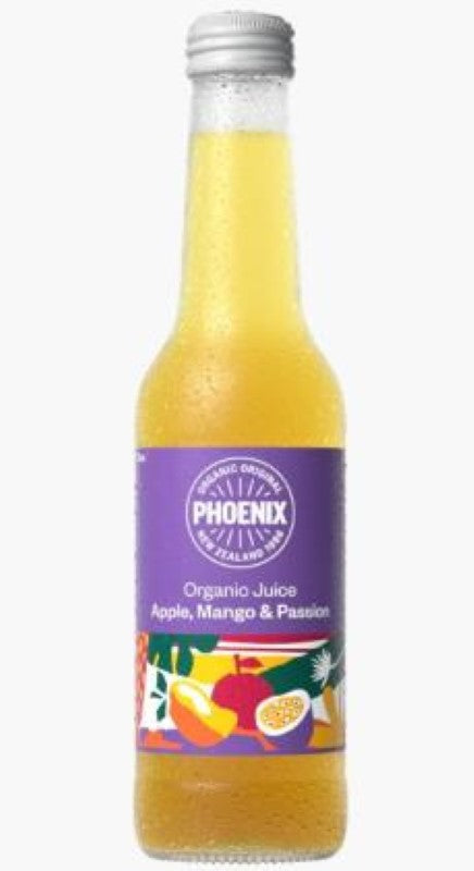 Organic Mango Passionfruit Apple Juice by Phoenix in a pack of 15, showcasing vibrant tropical flavors and nutrient-rich ingredients.