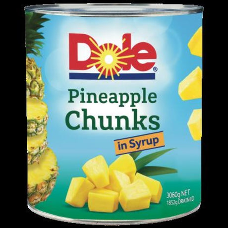 Dole Pineapple Chunks in syrup, 3 kg can, perfect for desserts, cocktails, or snacking, from the Philippines.