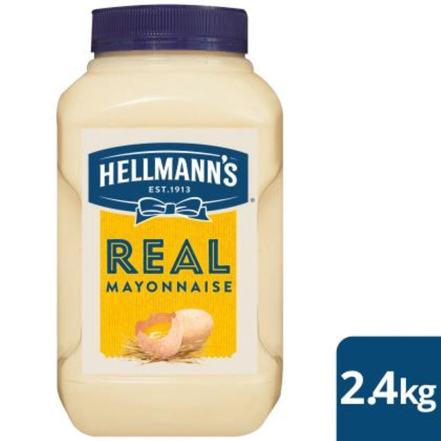 Creamy Hellmann's mayonnaise in a 2.4KG jar, made with free-range egg yolks, perfect for sandwiches and salads.