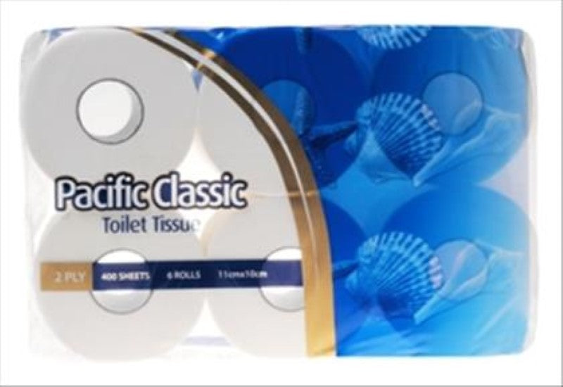 Two-ply toilet paper rolls for comfort and strength, 400 sheets each, economical 6-pack for reliable hygiene needs.