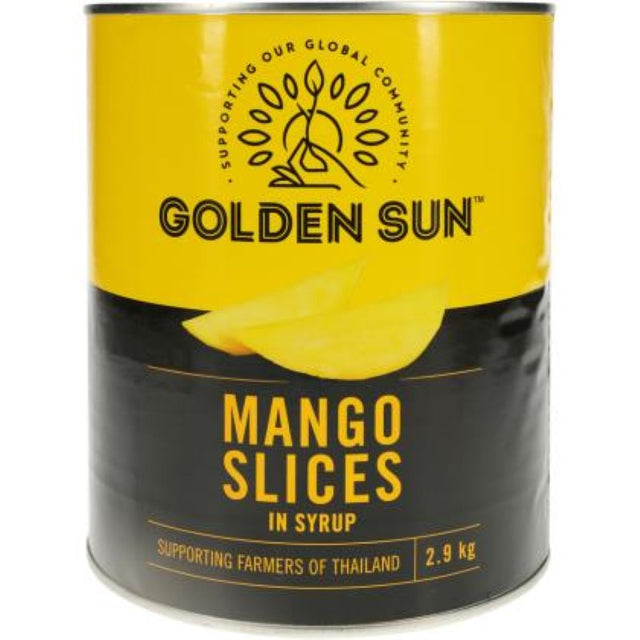 Golden Sun Mango Slices in syrup, 2.9kg pack from Thailand, perfect for desserts and cocktails.