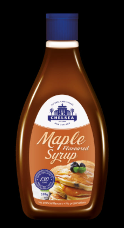 Chelsea Maple Syrup in a 530G bottle, rich amber color, perfect for drizzling on brunch or glazing meats and vegetables.