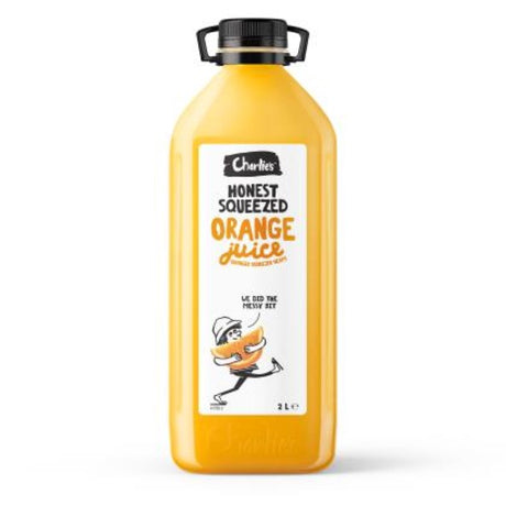 Bottle of Charlie's Honest Orange Juice, 2L, showcasing vibrant orange color and refreshing citrus flavor from Australia.