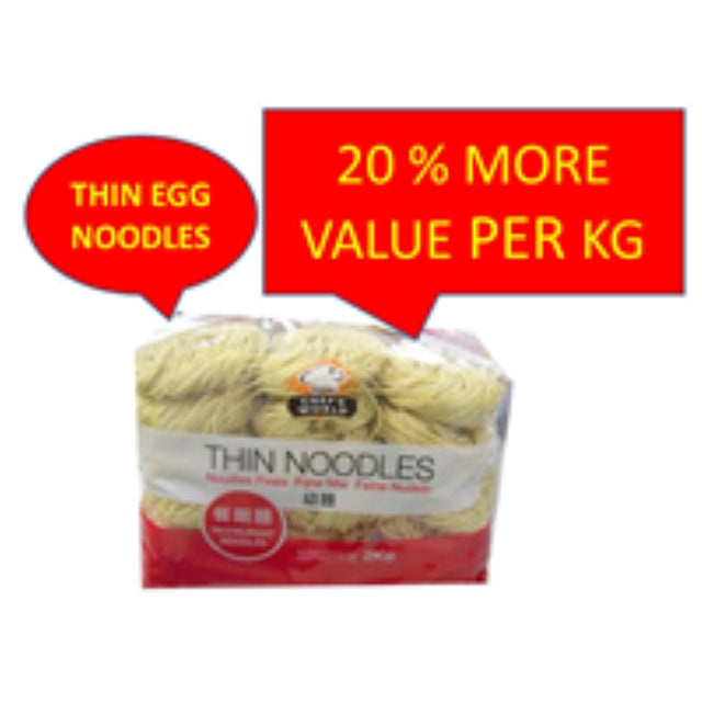 Thin egg noodles in a 2KG pack, perfect for salads, soups, and stir-fries from Chefs World.