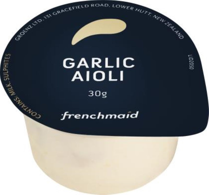 Creamy garlic aioli sauce in a 100X30G pack, perfect for dipping fries and enhancing culinary dishes.