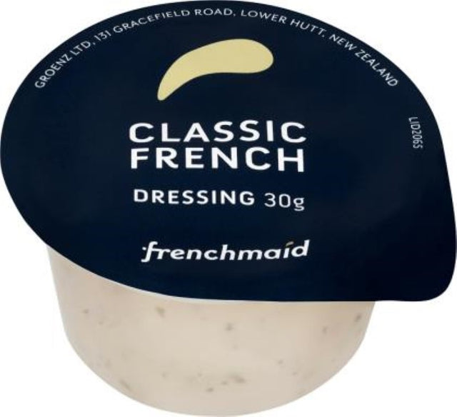 Frenchmaid Dressing PCU pack, featuring 100 pouches of elegant 30g French dressing perfect for salads and culinary creativity.