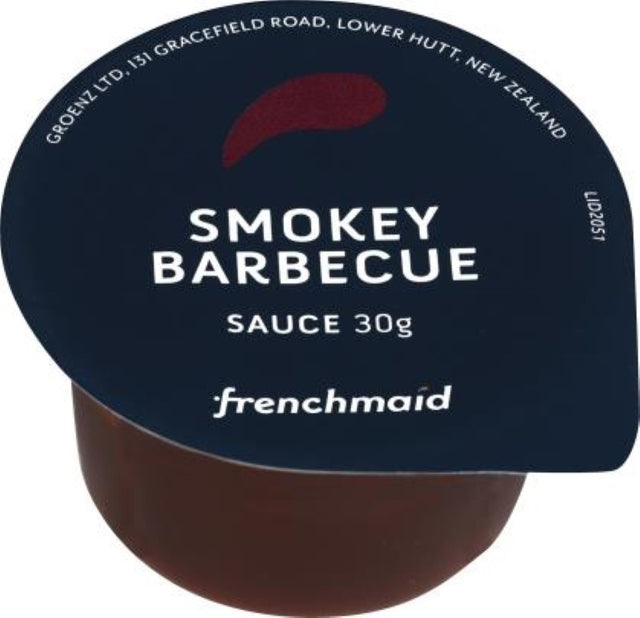 Rich hickory smoked BBQ sauce in a 30g pouch by Frenchmaid, perfect for meats, fries, and marinades.