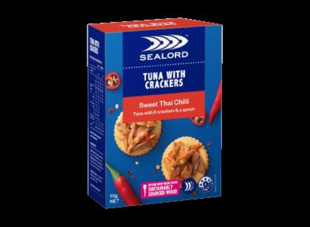 Cracker Tuna Sweet Thai Chilli by Sealord, featuring flaky tuna, spicy-chili seasoning, and crunchy crackers in a 111g pack.