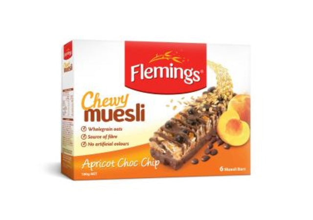 Chewy muesli bars with apricot and chocolate chips, perfect for on-the-go snacking. Pack of 6 from Flemings, made in NZ.