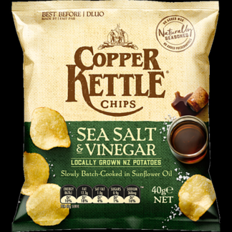 Crunchy Copper Kettle sea salt and vinegar chips in 40g packs, made with quality ingredients from New Zealand.