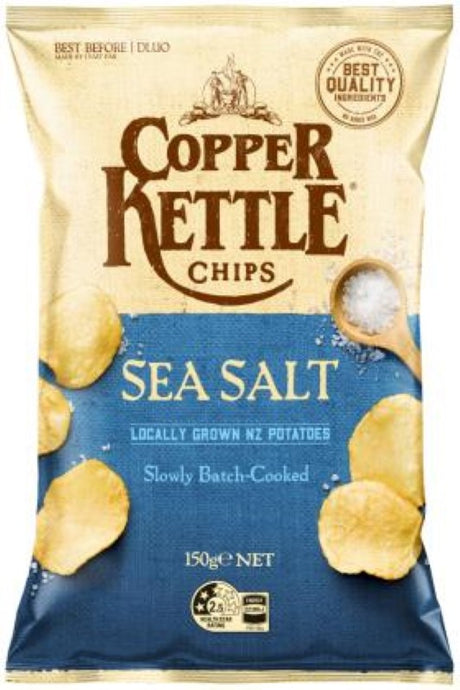 Crispy Copper Kettle Sea Salt chips from New Zealand, perfect for sharing or solo snacking, packed in 24X40G bags.