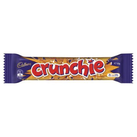 Cadbury Crunchie Chocolate Bar 50g featuring golden honeycomb in milk chocolate, bulk pack of 42 for sharing or gifting.