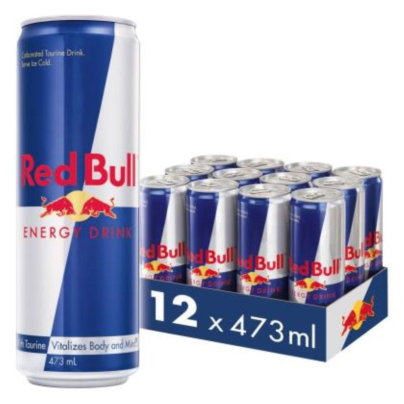 A pack of 12 Red Bull 473ml cans, the iconic energy drink for a revitalizing boost, imported from Austria.