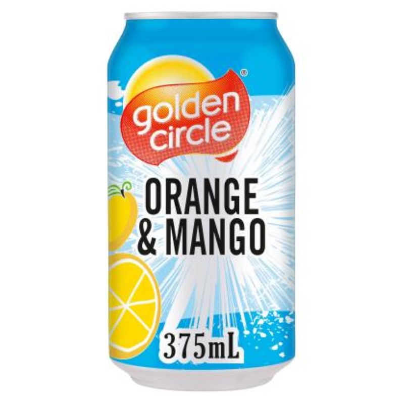 Refreshing Golden Circle Orange Mango drink pack featuring 24 cans of citrus sweetness and tropical mango flavor.