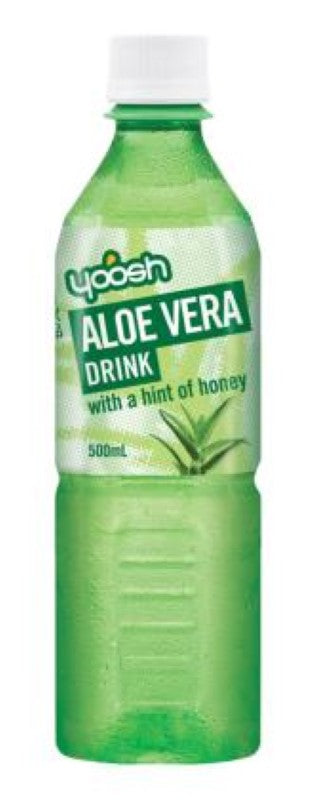 Yoosh Aloe Vera drink, 500ML, featuring real Aloe Vera cubes in a fruity blend for natural hydration and refreshment.