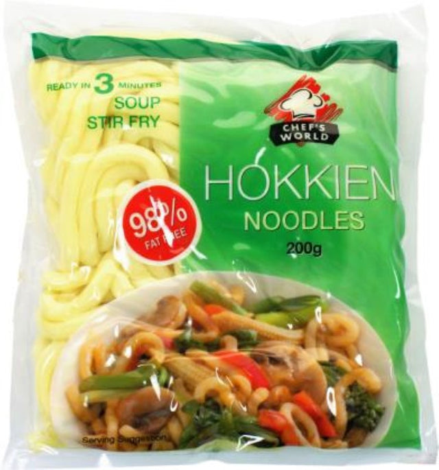 Chef's World Hokkien Noodles - 200g, quick-cooking wet egg noodles perfect for stir-fries, soups, curries, and salads.