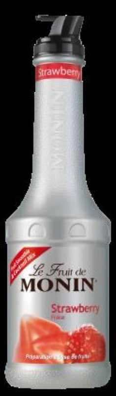 Monin Strawberry Puree 1L bottle, filled with ripe Mediterranean strawberry flavor for smoothies, cocktails, and desserts.