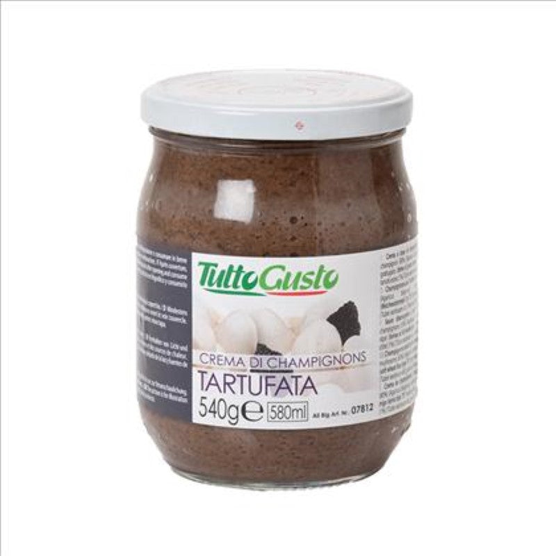 A 540g jar of Tutto Gusto Paste Truffle Tartufata, a luxurious mix of champignon mushrooms and summer truffles for gourmet dishes.