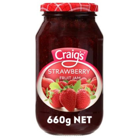 Craig's Strawberry Jam in a 660g jar, made in New Zealand, perfect for toast and scones with a sweet fruity flavor.