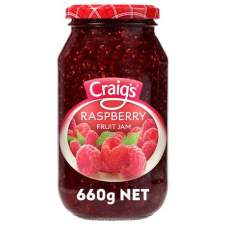 Delicious 660g jar of Craig's Raspberry Jam, made in New Zealand, perfect for spreading on toast and desserts.