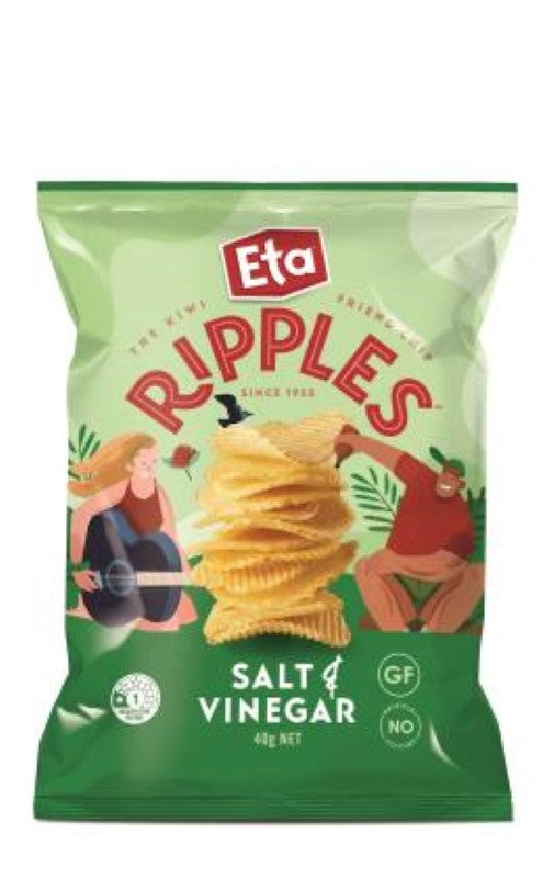 Crunchy Salt & Vinegar Ripple Cut Chips in 24X40g packs, perfect for snacking on the go or sharing. Made in New Zealand.