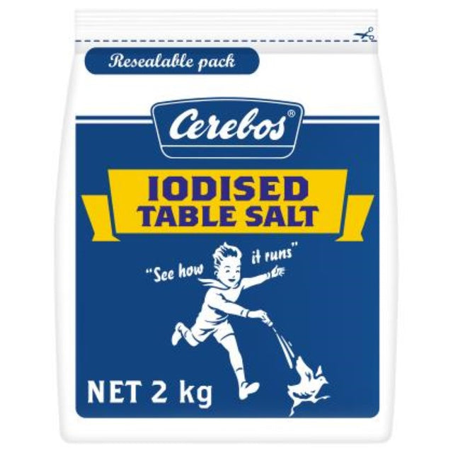 Cerebos 2KG Iodised Table Salt from Marlborough, enriched with potassium iodate for enhanced flavor in cooking.