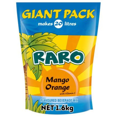 Raro Orange Mango Drink Sachet 1.6KG in a resealable bag, mixes 20 litres of tropical flavor for refreshing beverages.