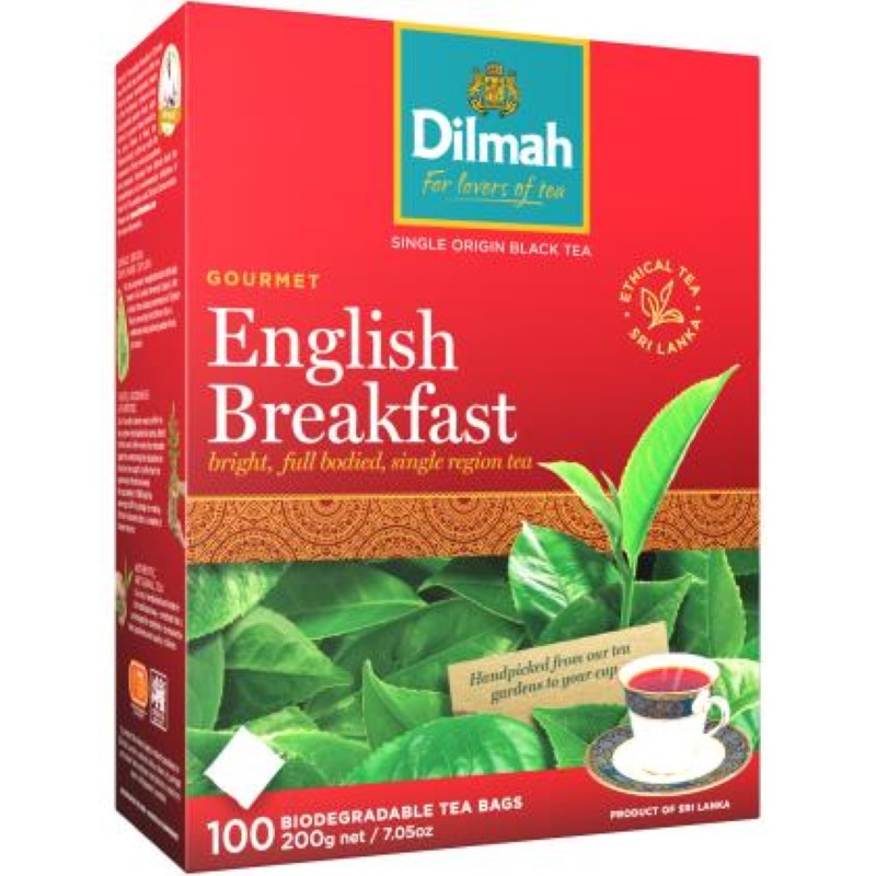 Dilmah English Breakfast Tea tagless bags, 100-pack, offering robust Ceylon flavor and rich aroma for an invigorating brew.