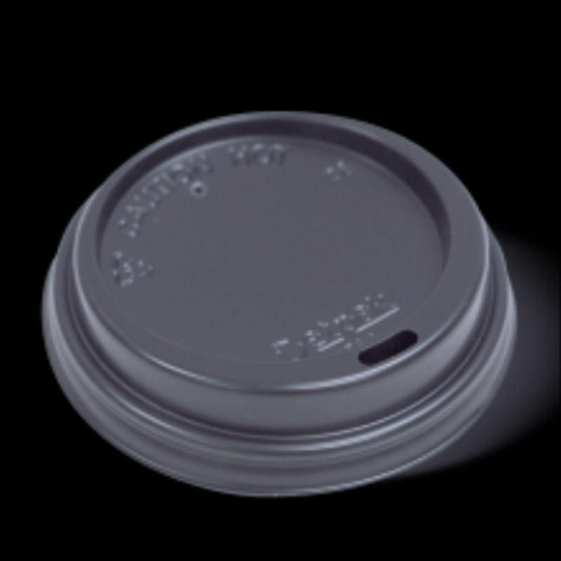 Black lids designed for 12-16oz hot cups, ensuring spill-proof service for cafes and events, 100-pack by Detpak.