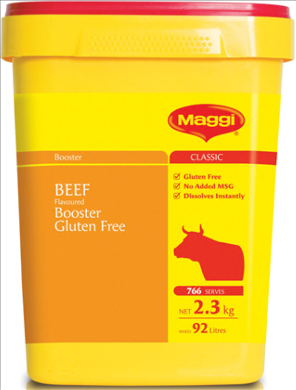 Stock Beef Flavour Booster by Maggi in a 2.3 kg pack, perfect for enhancing soups, gravies, and marinades gluten-free.