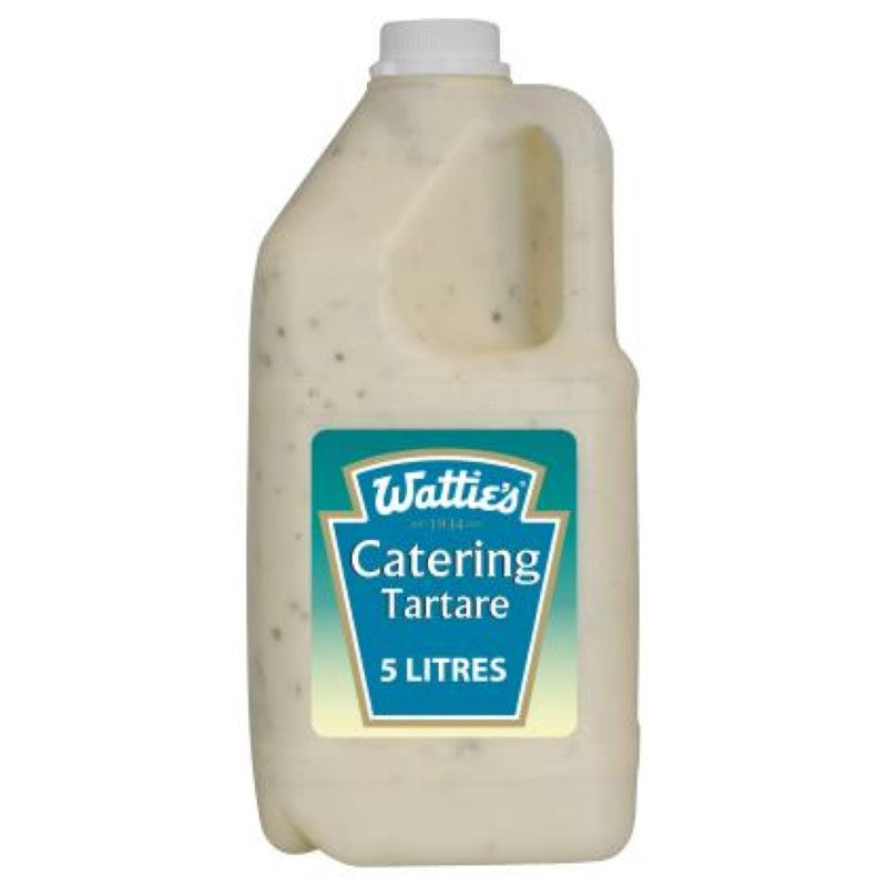 5L bottle of Wattie's tangy tartare sauce, perfect for enhancing seafood dishes at catering events.