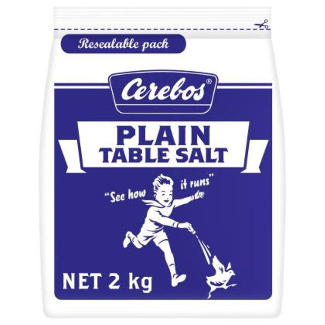 Cerebos 2KG Plain Table Salt, premium New Zealand salt for enhancing flavors in diverse culinary creations.