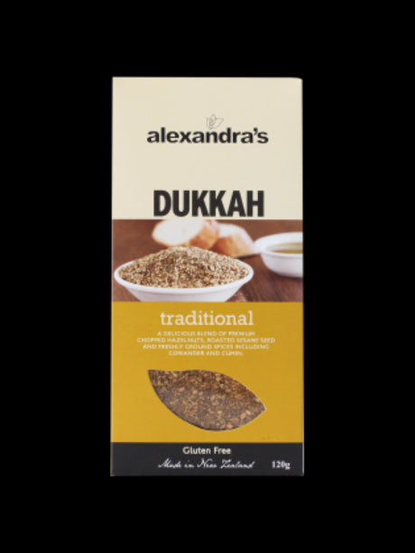 Dukkah Traditional by Alexandras, 120g jar featuring a nutty blend of hazelnuts, sesame, herbs, and spices, vegan and gluten-free.