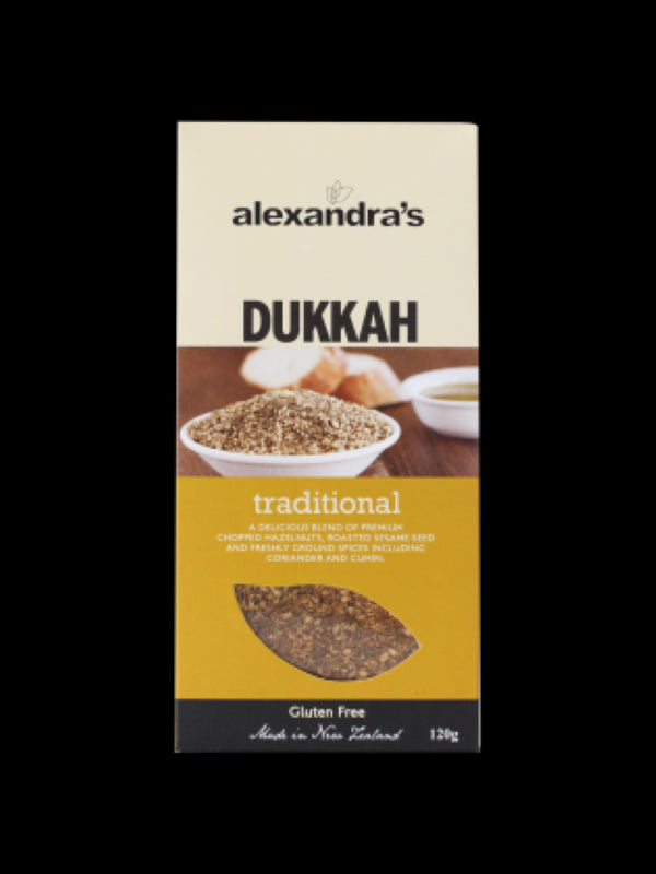 Dukkah Traditional by Alexandras, 120g jar featuring a nutty blend of hazelnuts, sesame, herbs, and spices, vegan and gluten-free.